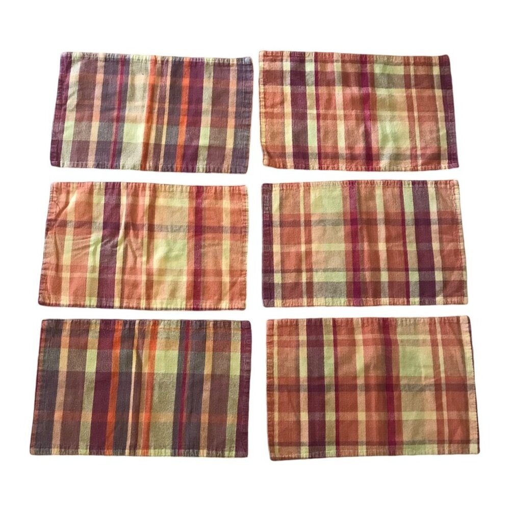 Set Of 6 Reversible Plaid & Solid Burgundy Placemats 11"x16" Cotton Fall Themed